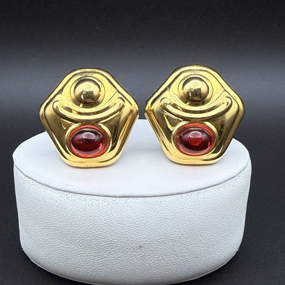 Vintage Red Lucite Cabochon Clip On Earrings Polished Gold Tone Bold Statement